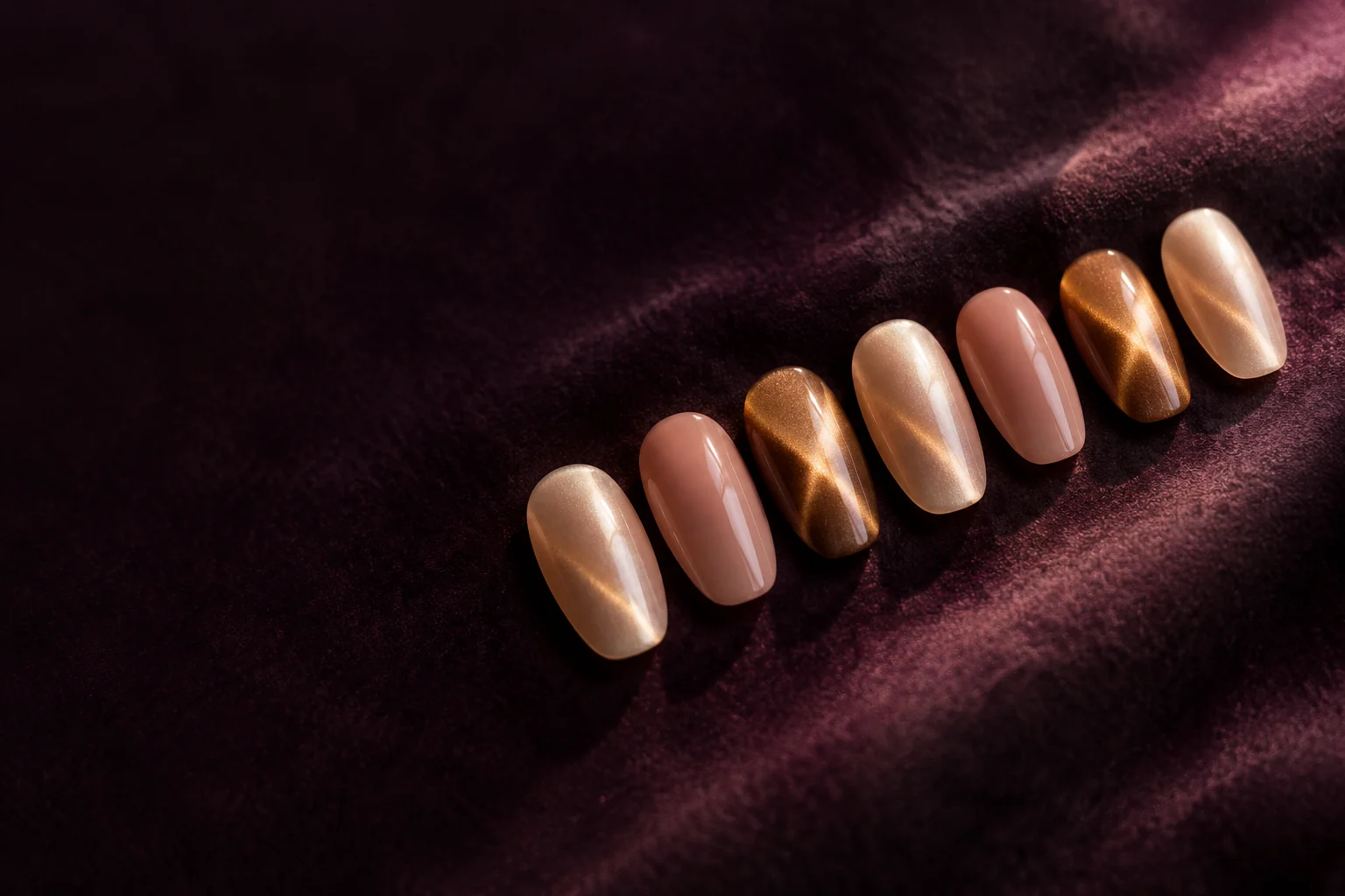 Hand-painted champagne and gold cat-eye press-on nails on plum velvet