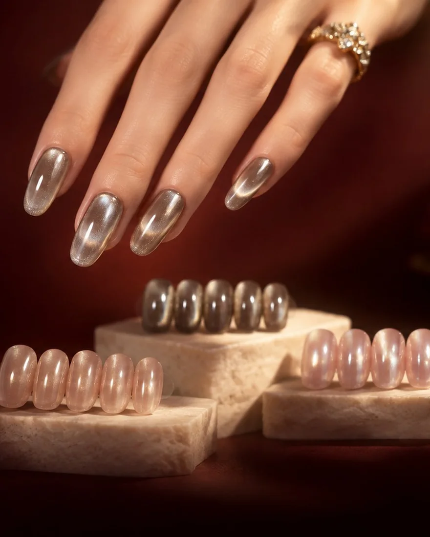 Cat eye press-on nails and loose tips on marble