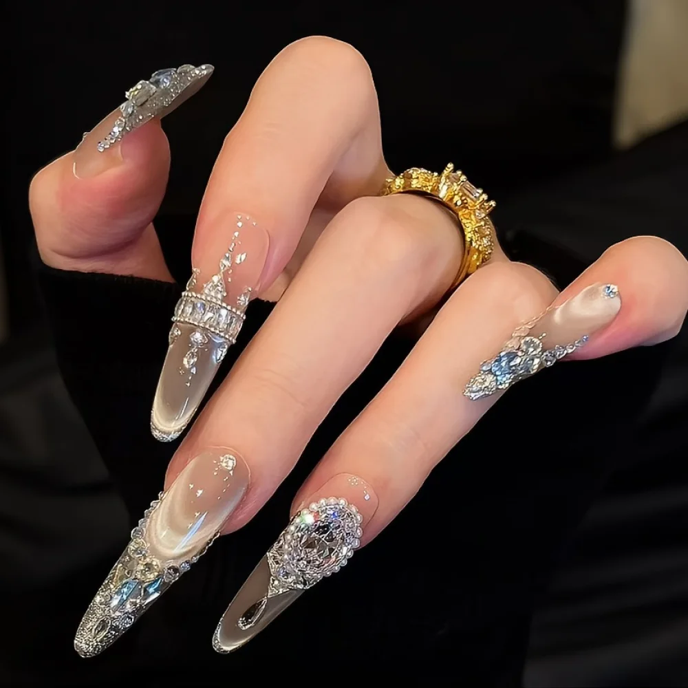 Victoria Cat Eye (DN-01) rose nude with champagne shift almond press-on nails, view 1