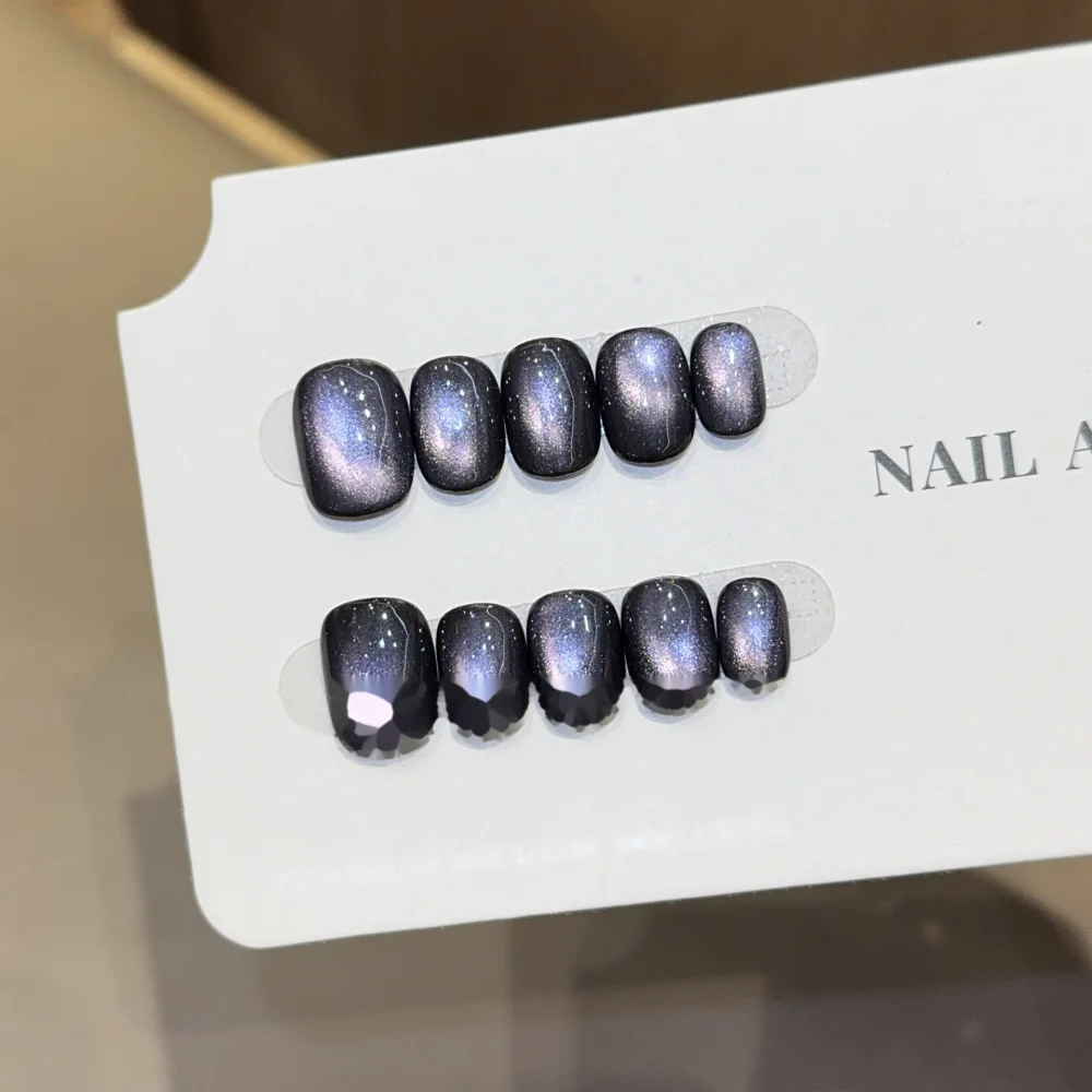 Glass Bead Cat Eye (DN-03) smoky quartz square soft press-on nails, view 3