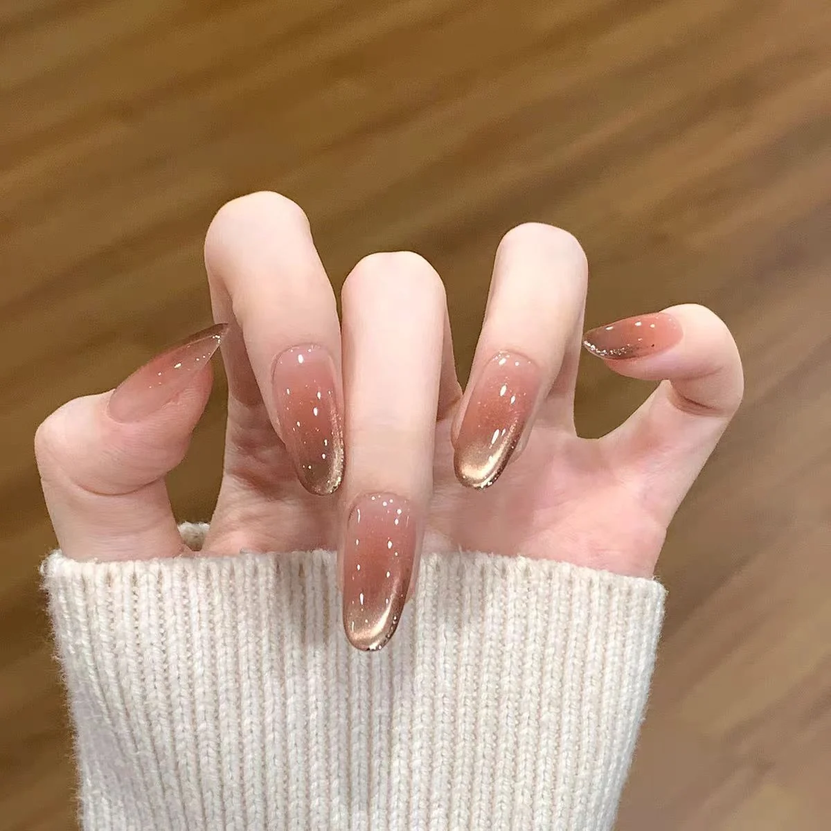Icy Brown Ombre (DN-04) iced brown almond press-on nails, view 1