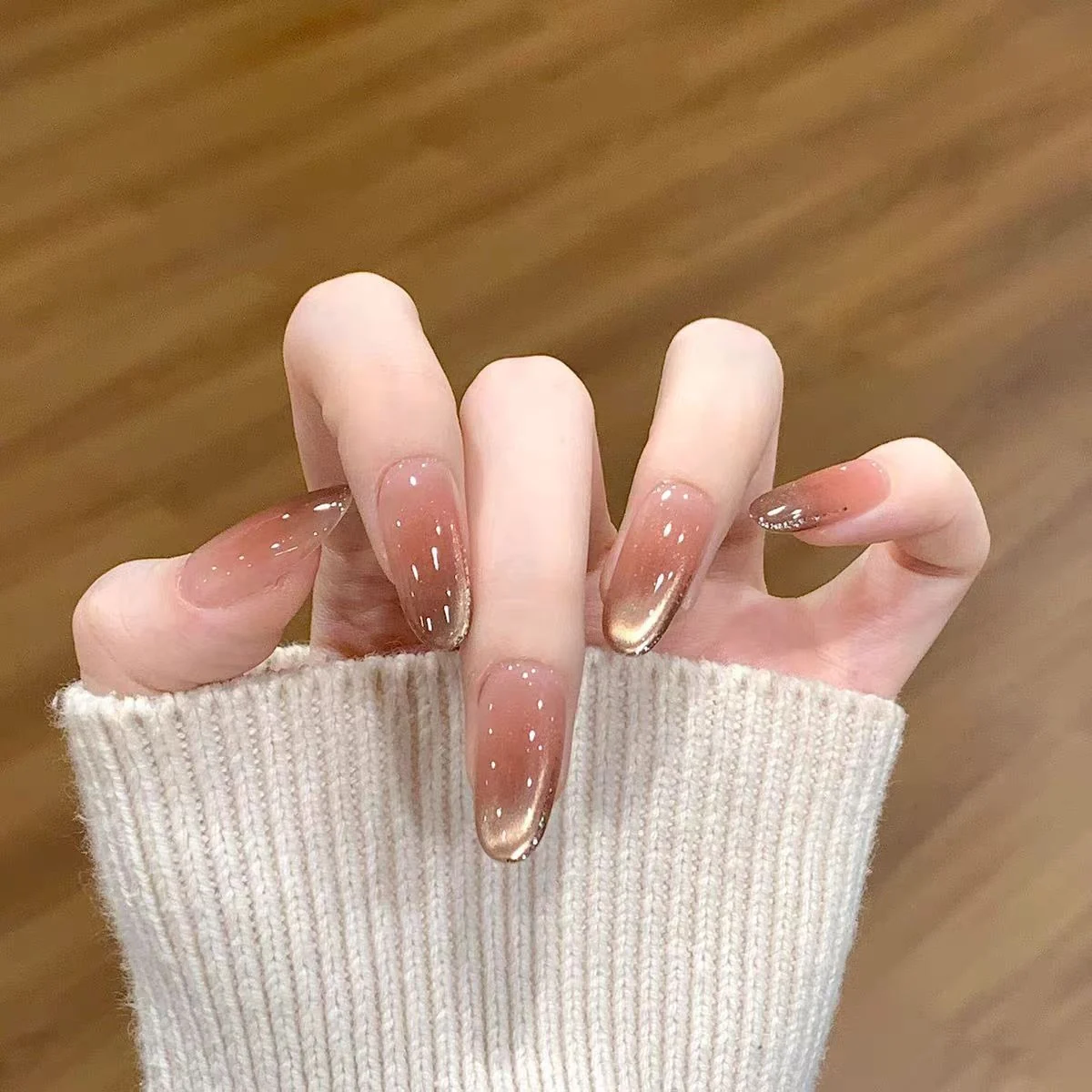 Icy Brown Ombre (DN-04) iced brown almond press-on nails, view 3