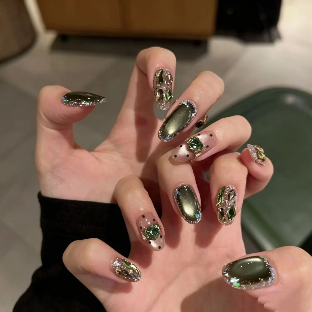 Forest Glow (DN-06) deep forest green almond press-on nails, view 1