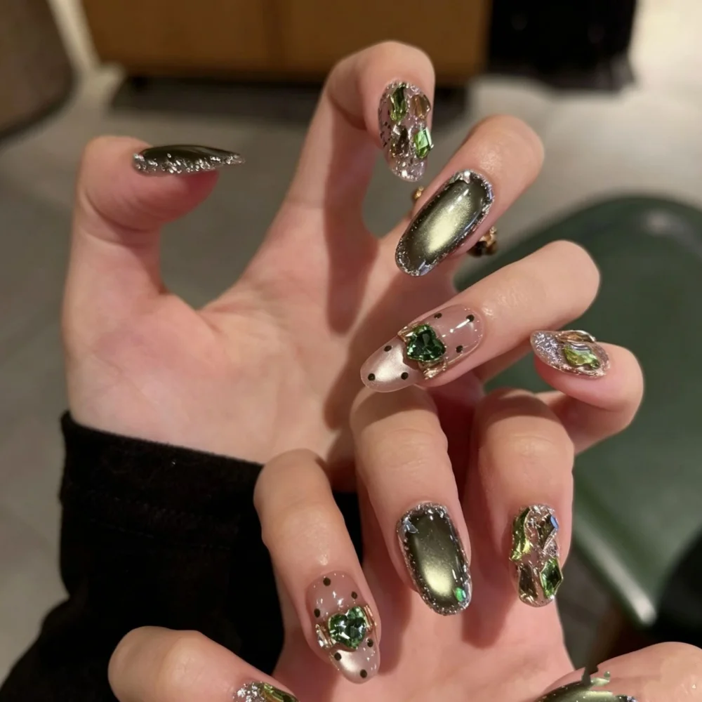 Forest Glow (DN-06) deep forest green almond press-on nails, view 2
