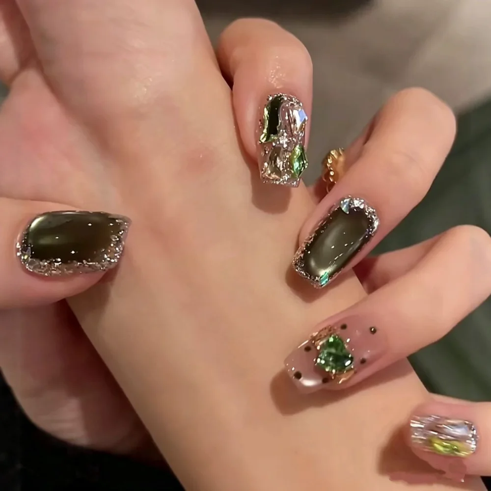 Forest Glow (DN-06) deep forest green almond press-on nails, view 3