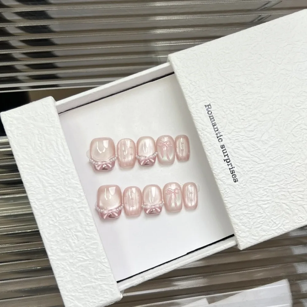 Peach French Cat Eye (DN-09) peach / ivory square soft press-on nails, view 2
