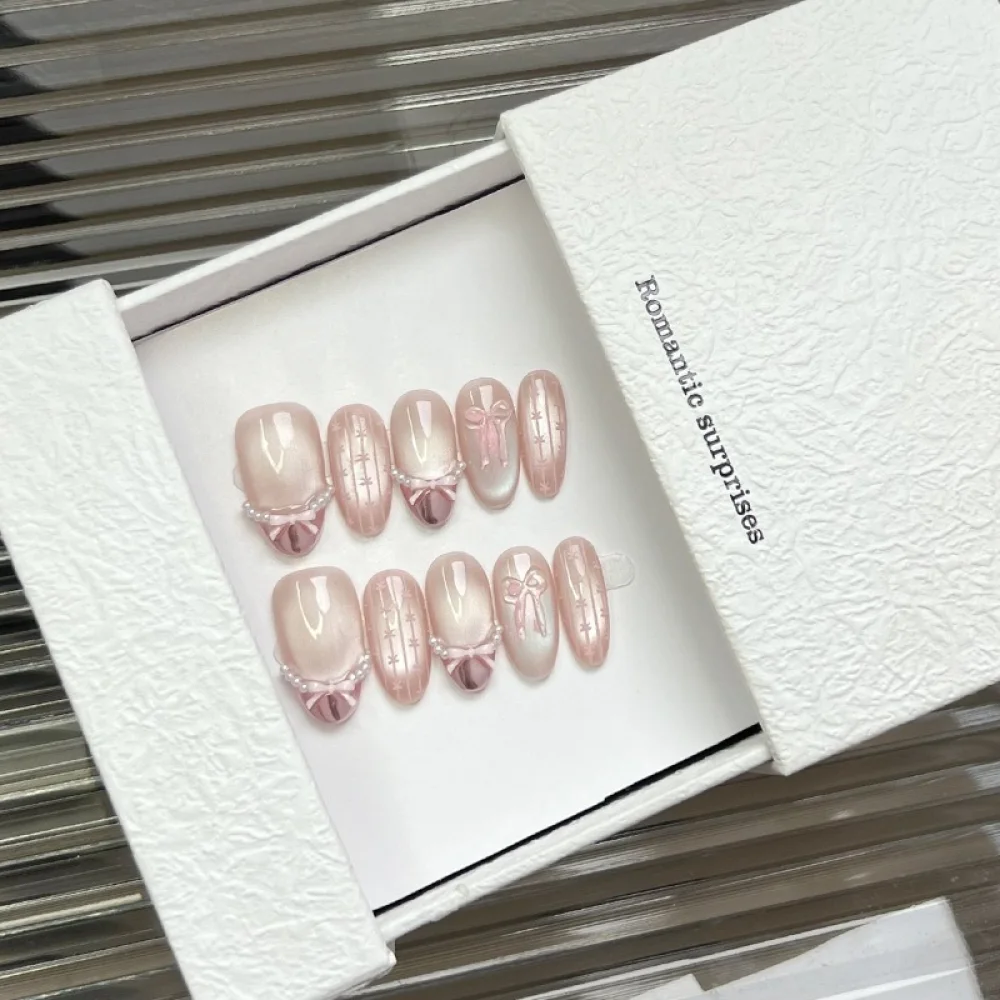 Peach French Cat Eye (DN-09) peach / ivory square soft press-on nails, view 3