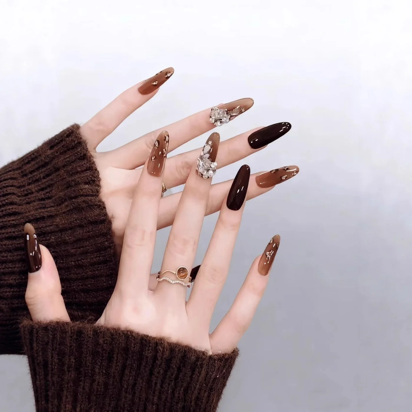 Rhinestone Brown Cat Eye (DN-14) deep brown coffin press-on nails, view 3