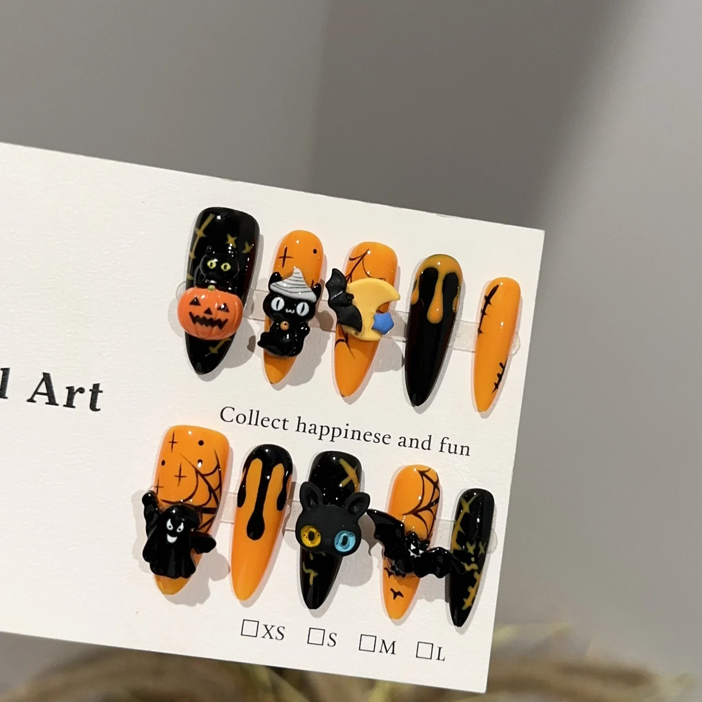 Halloween Pumpkin (DN-16) black / orange almond press-on nails, view 2