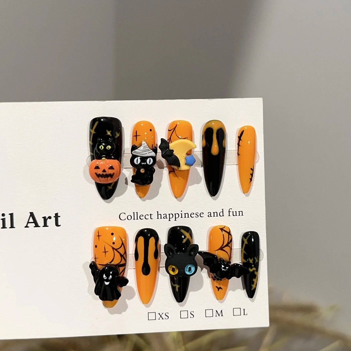 Halloween Pumpkin (DN-16) black / orange almond press-on nails, view 3