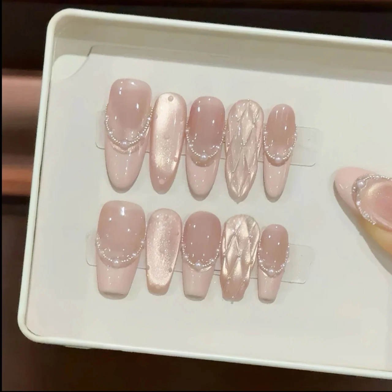 French Glitter Cat Eye (DN-22) cream / silver glitter square soft press-on nails, view 2