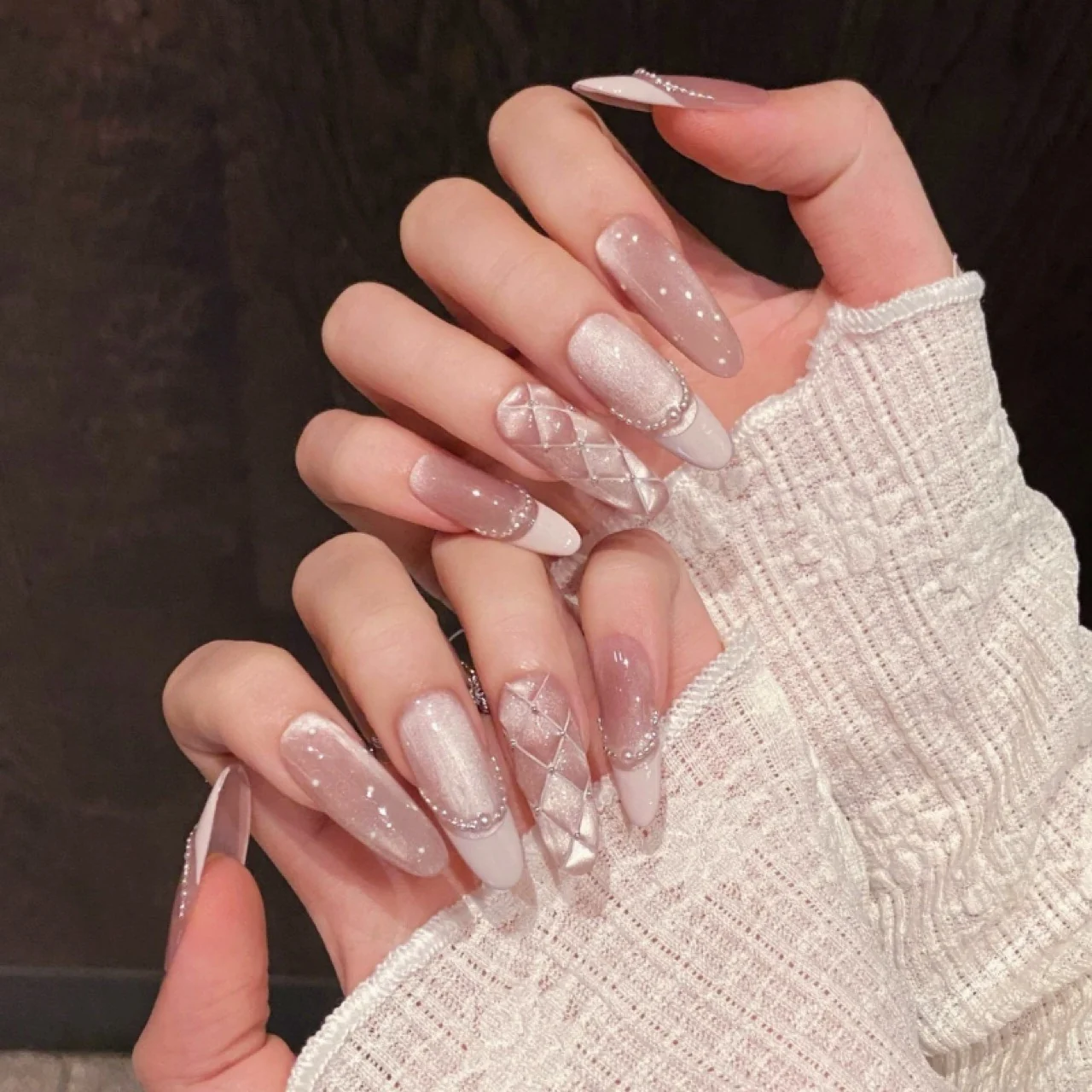 French Glitter Cat Eye (DN-22) cream / silver glitter square soft press-on nails, view 3