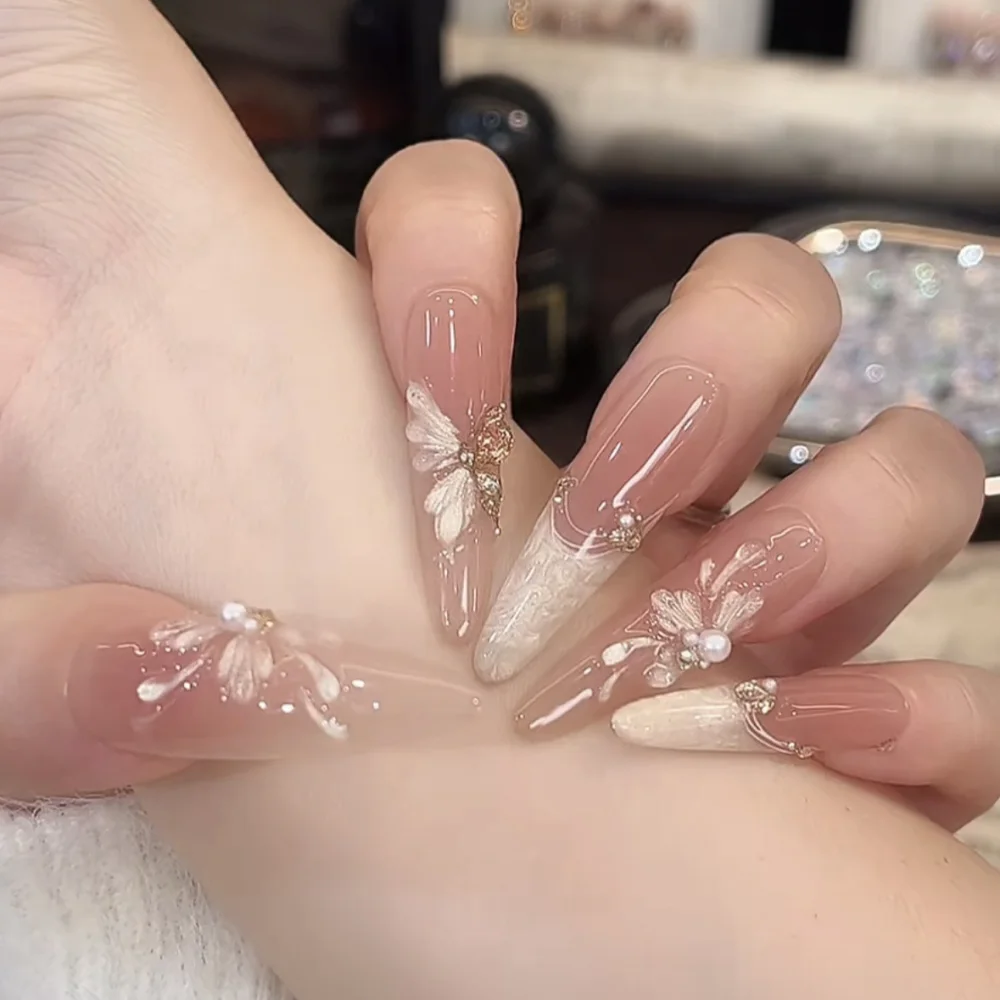 Long Zircon Cat Eye (DN-25) champagne gold coffin press-on nails, view 3