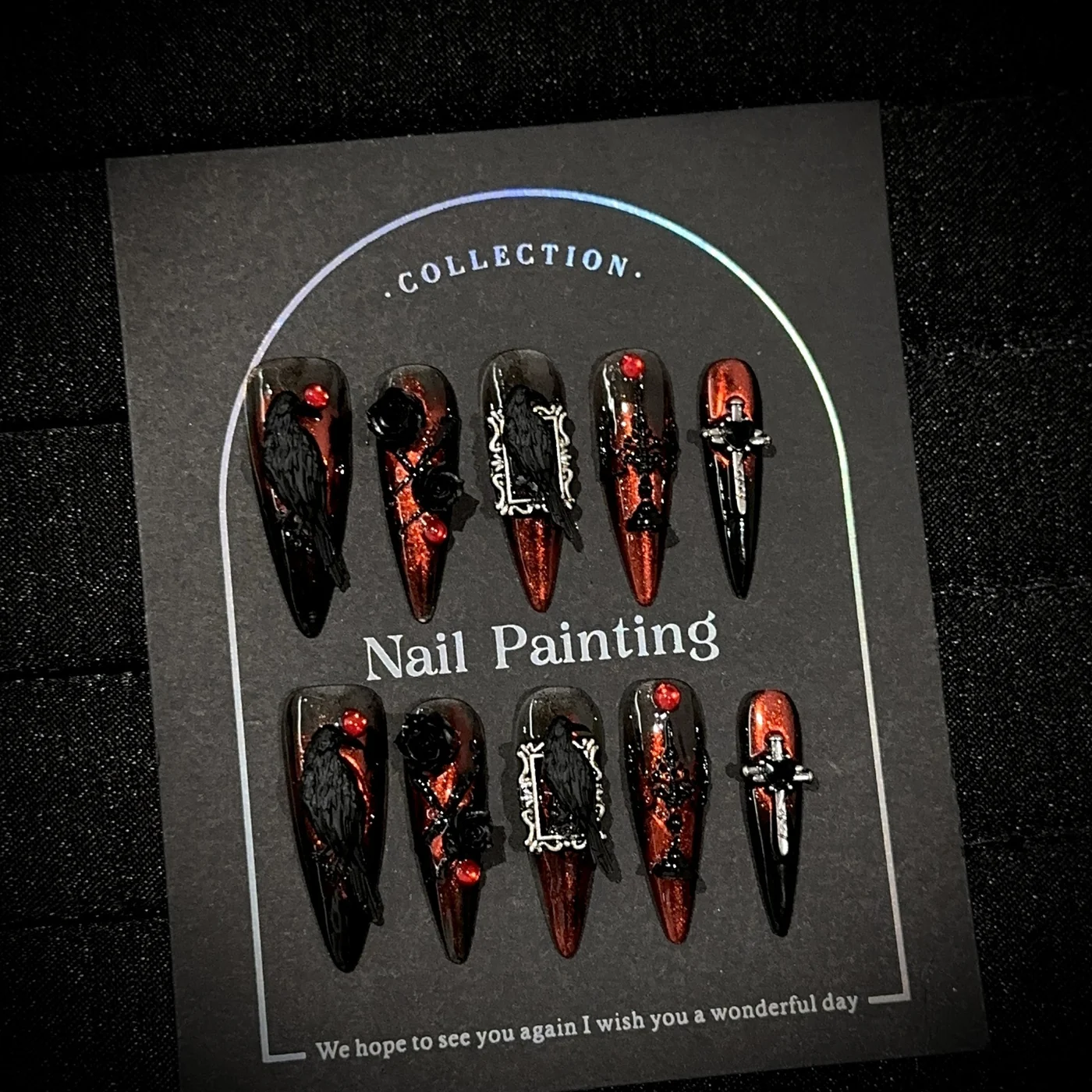 Dark Halloween Long (DN-26) black / blood red coffin press-on nails, view 2