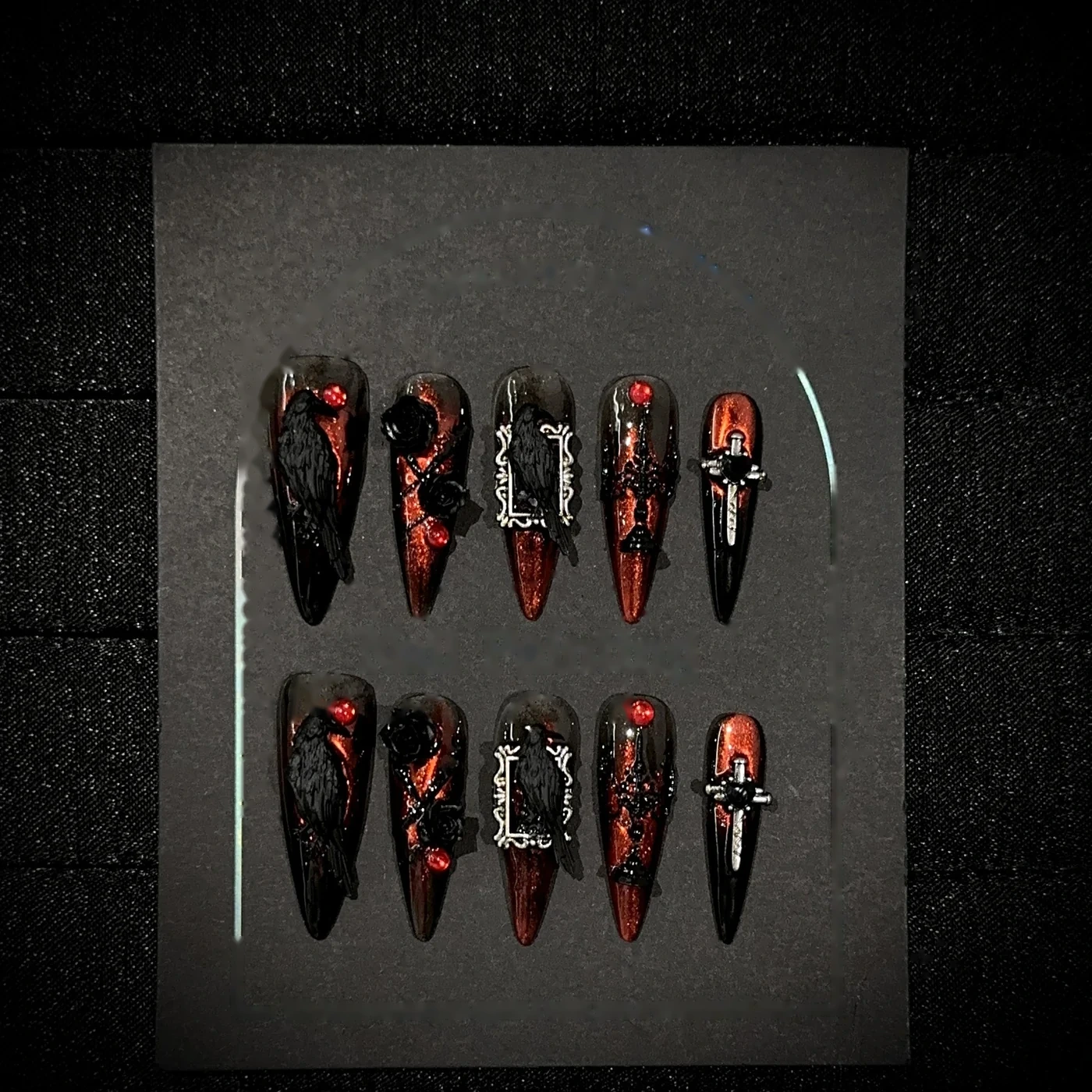 Dark Halloween Long (DN-26) black / blood red coffin press-on nails, view 3